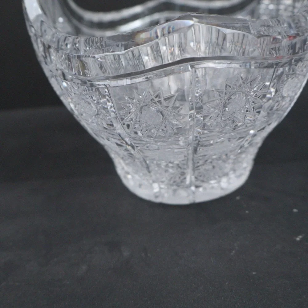 VTG Crystal Oval Basket Clear Glass Dish Bowl Handle Queens Lace Design